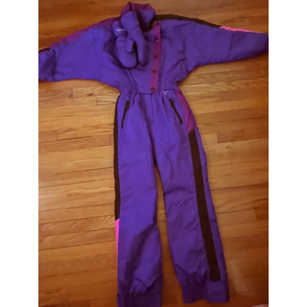 Vintage Obermeyer Brushstroke Purple Coverall Ski Snow Suit & M Mittens Women 8 - Picture 2 of 10